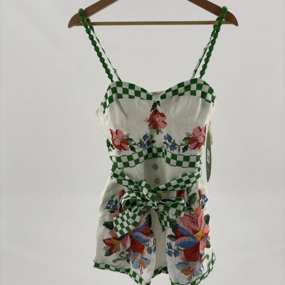 Off-White Checkerboard Romper with Green Trim
